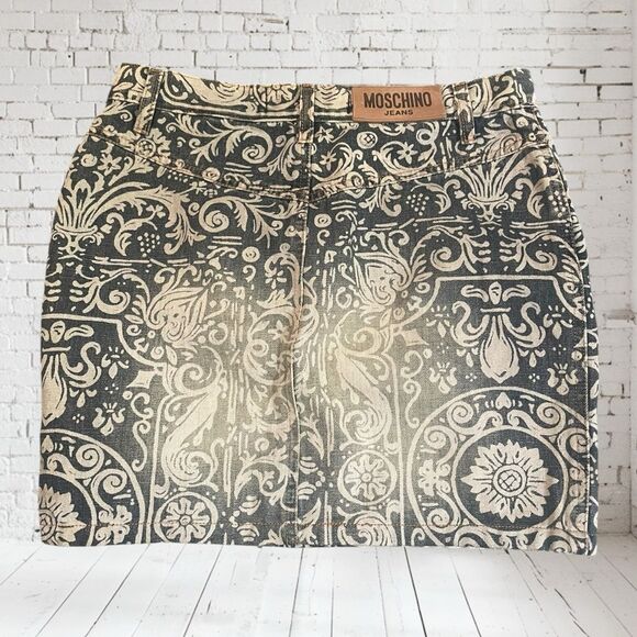 Moschino Distressed denim Blue/Cream Mini Pencil Skirt Sz 8 - Picture 2 of 5